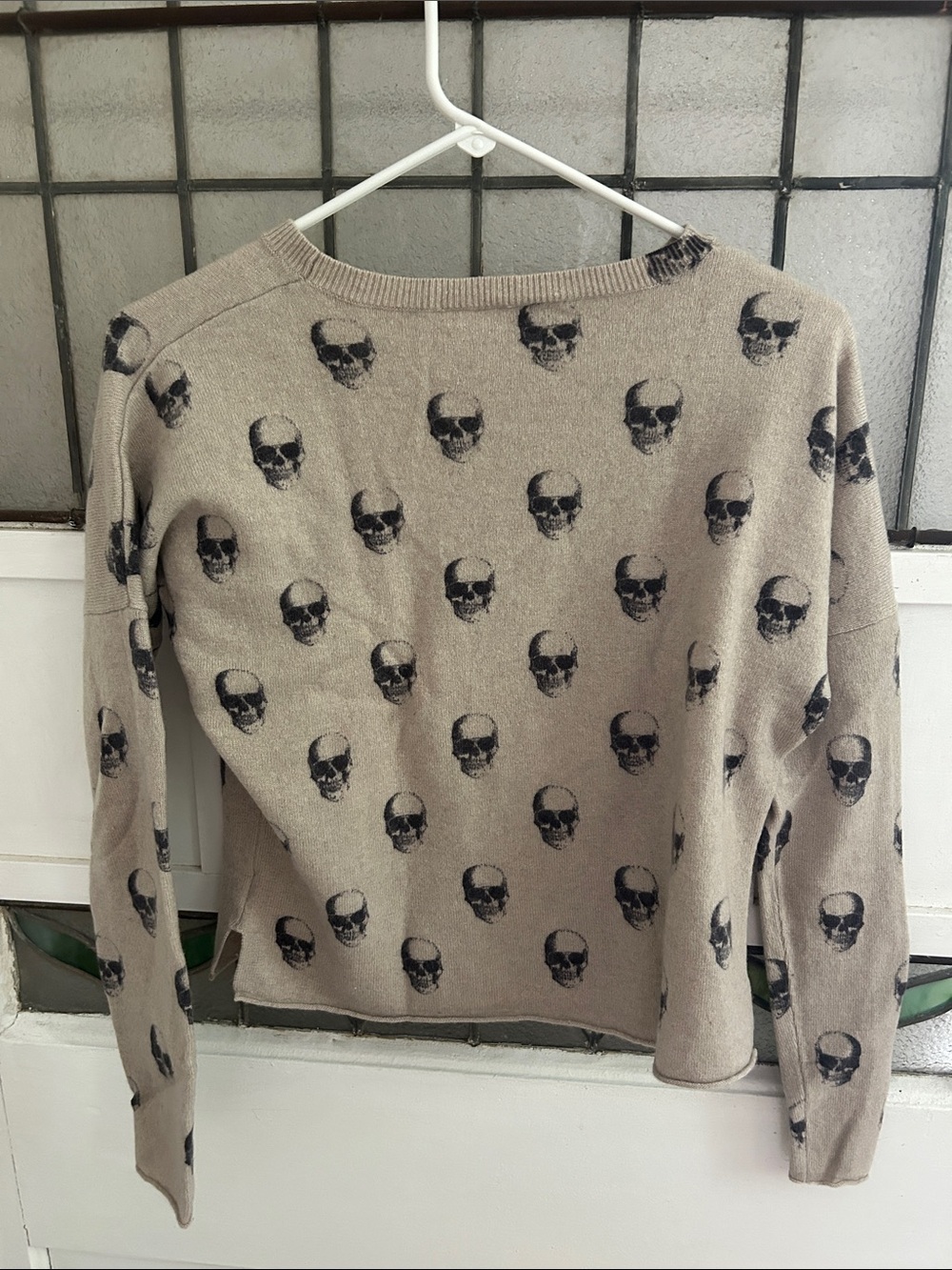 360 Cashmere Taupe Crewneck Sweater with Black Skull Print - Picture 3 of 3